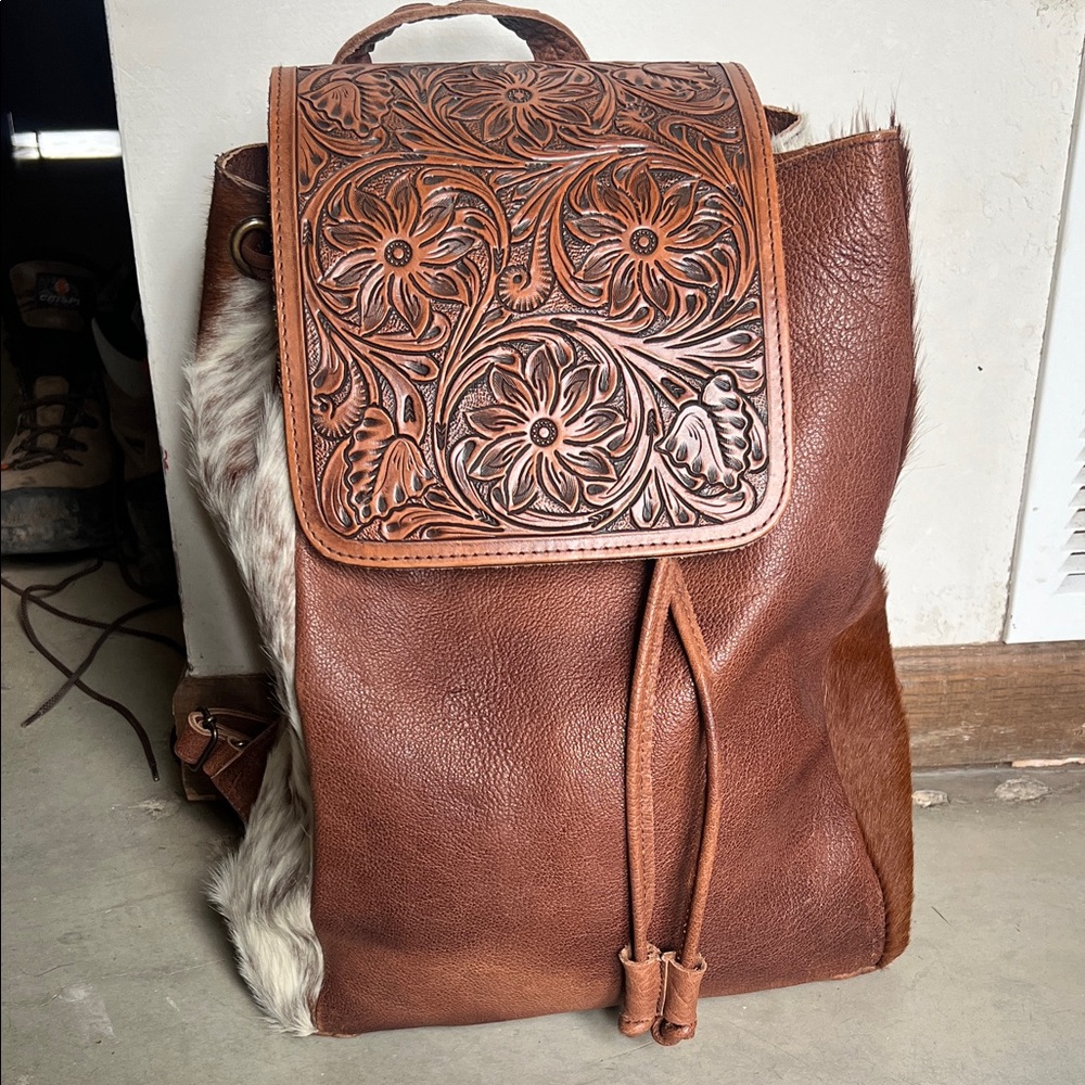 American Darling Brown Leather Backpack with Floral Design